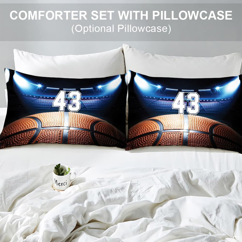 Matching pillowcase detail for athletic sports bedding set featuring coordinating royal blue court graphics