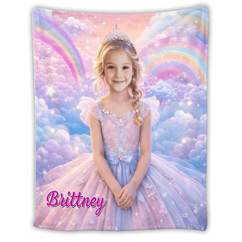 Fairytale princess photo blanket styled across a bed in a pastel girls bedroom.