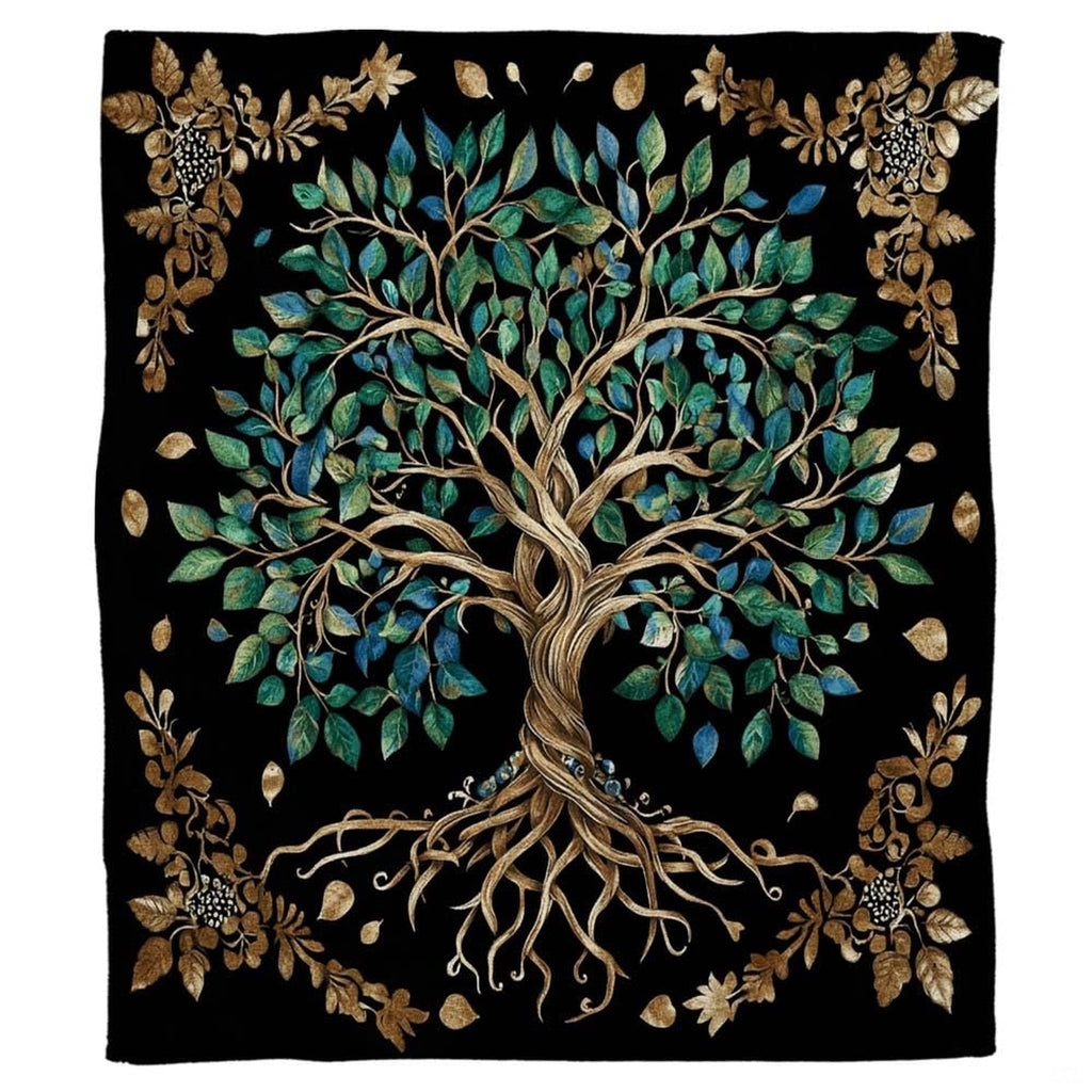 Overhead flat view of golden spiral Tree of Life teal foliage throw blanket