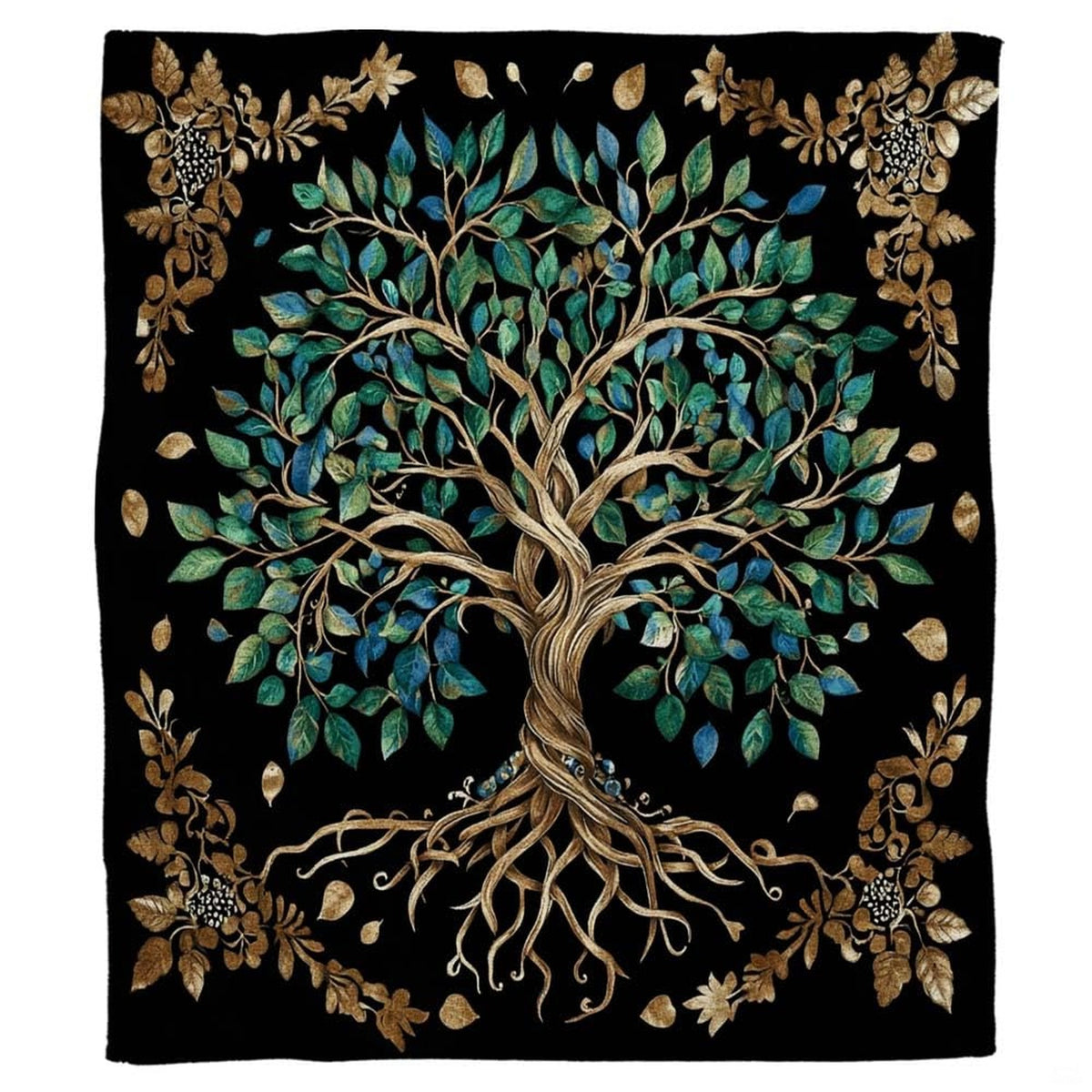 Overhead flat view of golden spiral Tree of Life teal foliage throw blanket