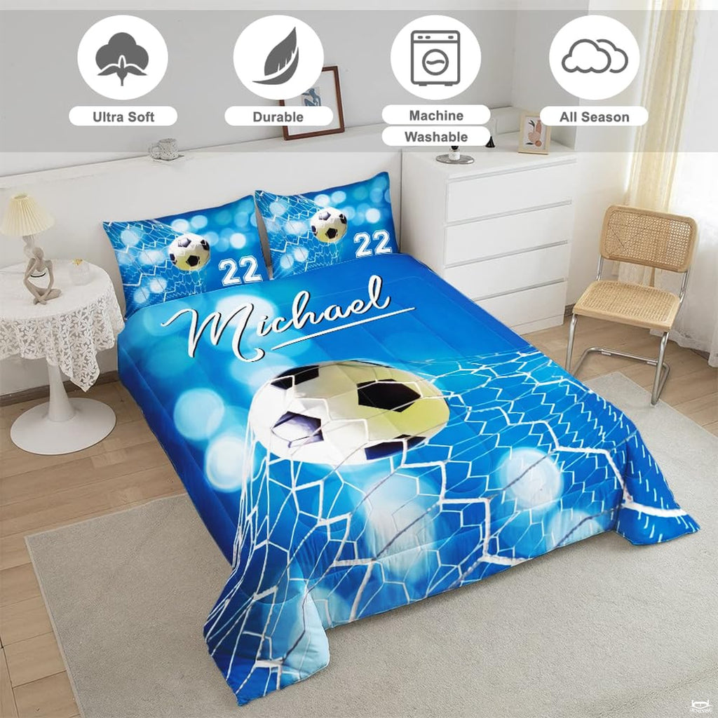 Close-up perspective of blue bokeh soccer bedding showing detailed goal net cords and soccer ball panels