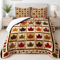 Autumn bedding set featuring a patchwork grid of colorful maple leaves and wild berry borders