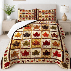 Autumn bedding set featuring a patchwork grid of colorful maple leaves and wild berry borders