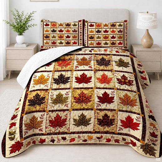 Autumn bedding set featuring a patchwork grid of colorful maple leaves and wild berry borders