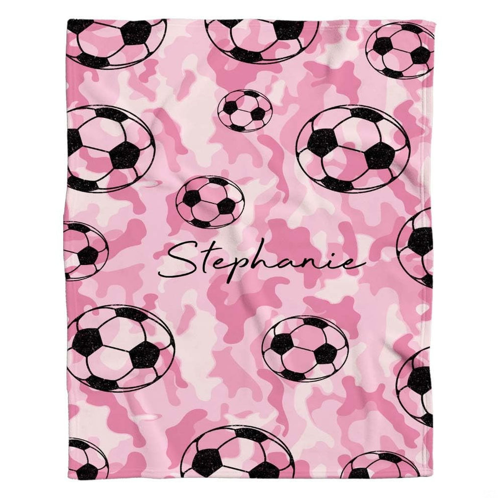 Pink camo soccer sports design blanket flat unfolded view