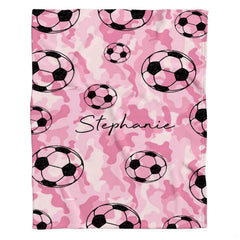 Pink camo soccer sports design blanket flat unfolded view