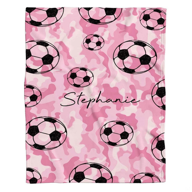 Pink camo soccer sports design blanket flat unfolded view
