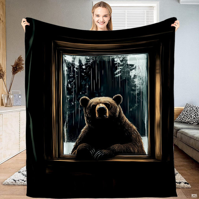 Majestic brown grizzly bear looking through rain against dark forest with golden border, view 1.