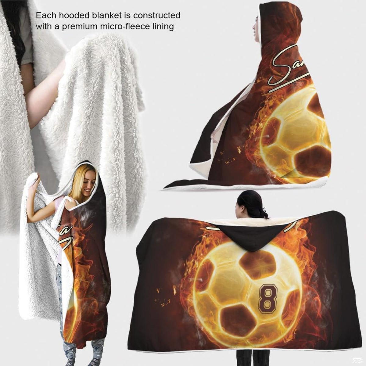 Side view of hooded flame soccer sports blanket showing white inner lining draped over shoulders.