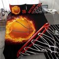 Blazing fire basketball bedding featuring an orange fireball and red hoop rim on a bedroom bed