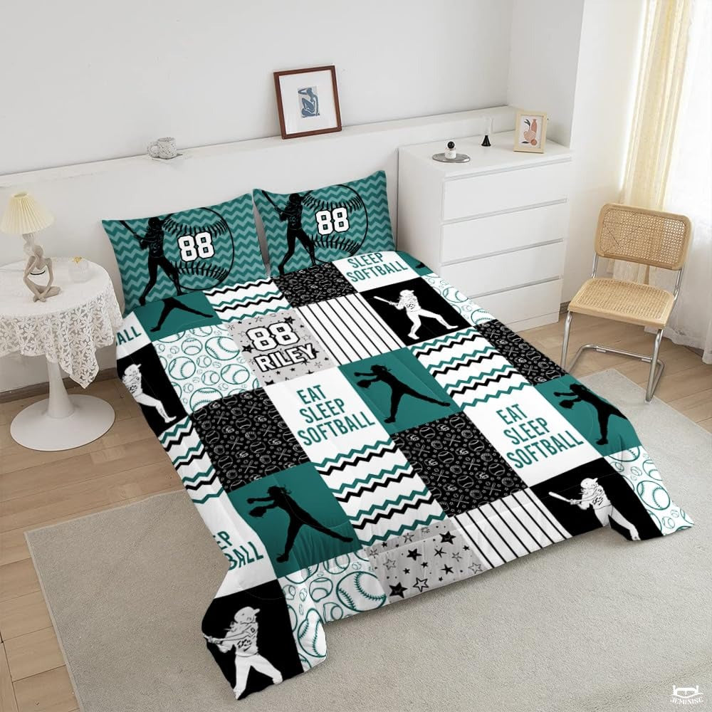 Bright Teal Yellow Softball Comforter Set – Premium Sports Theme Bedding for Girls, Teens & Women Who Love Softball, Offered in Twin, Queen, King Bed Sizes