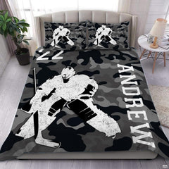 Arctic camo ice hockey player sports bedding set featuring dynamic player graphics and urban camouflage artwork