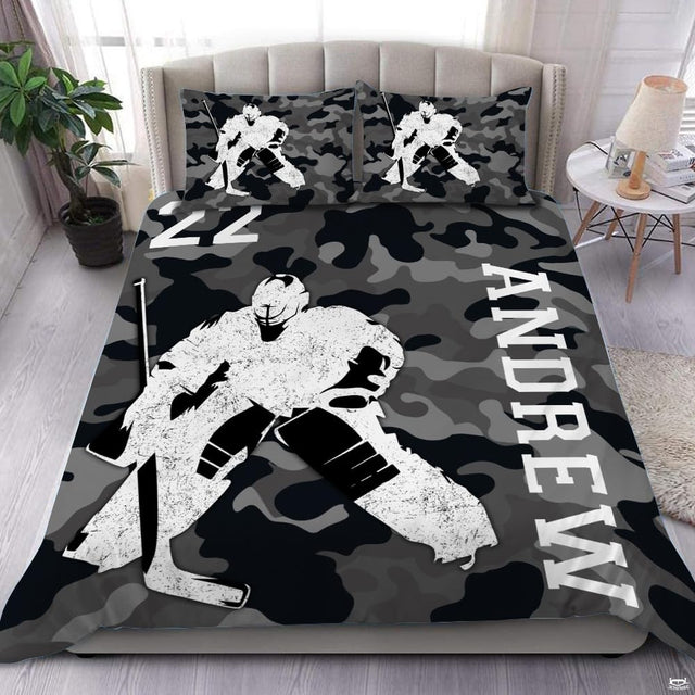 Arctic camo ice hockey player sports bedding set featuring dynamic player graphics and urban camouflage artwork