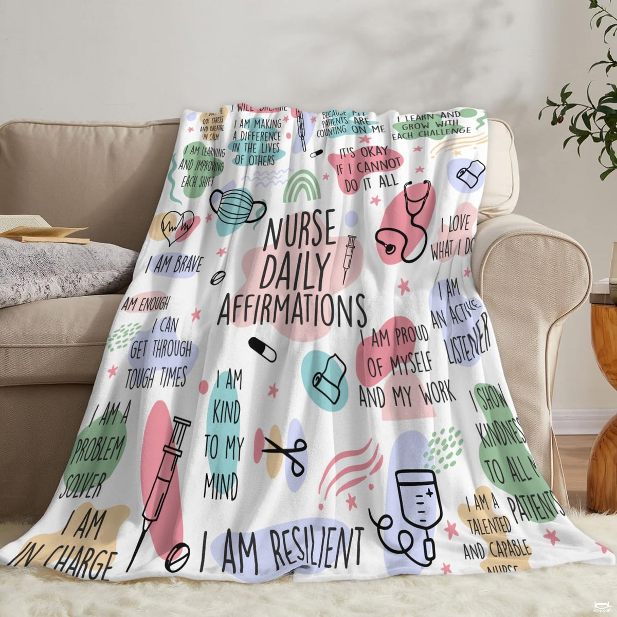 Nurse daily affirmations design with pastel color blotches and medical doodle art, view 6.
