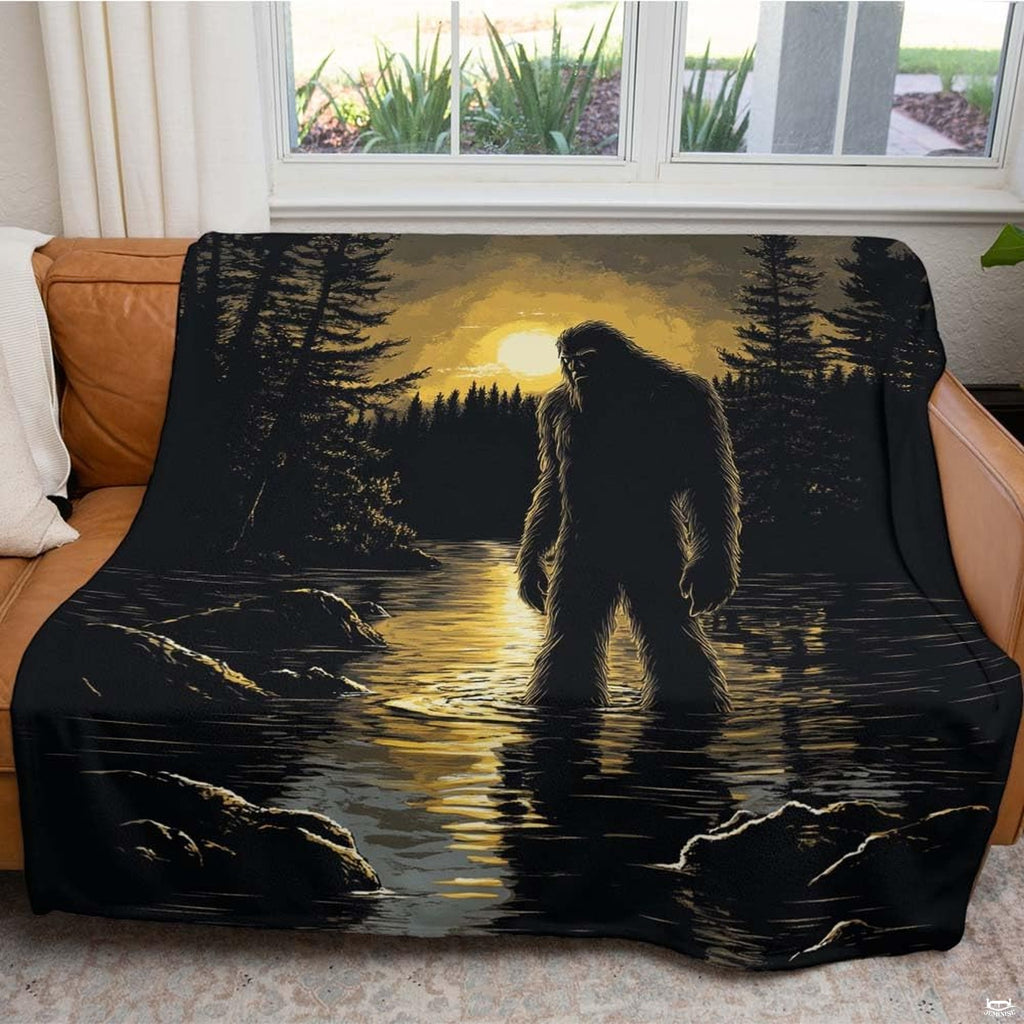 Wilderness Bigfoot art displayed neatly across a modern lodge bedroom setting.