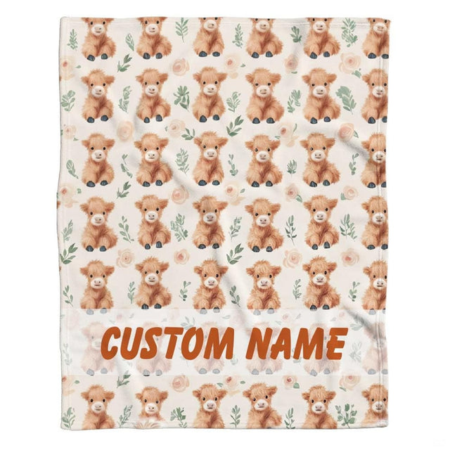Repeating pattern of baby Highland calves and blush garden roses with banner band, view 2.