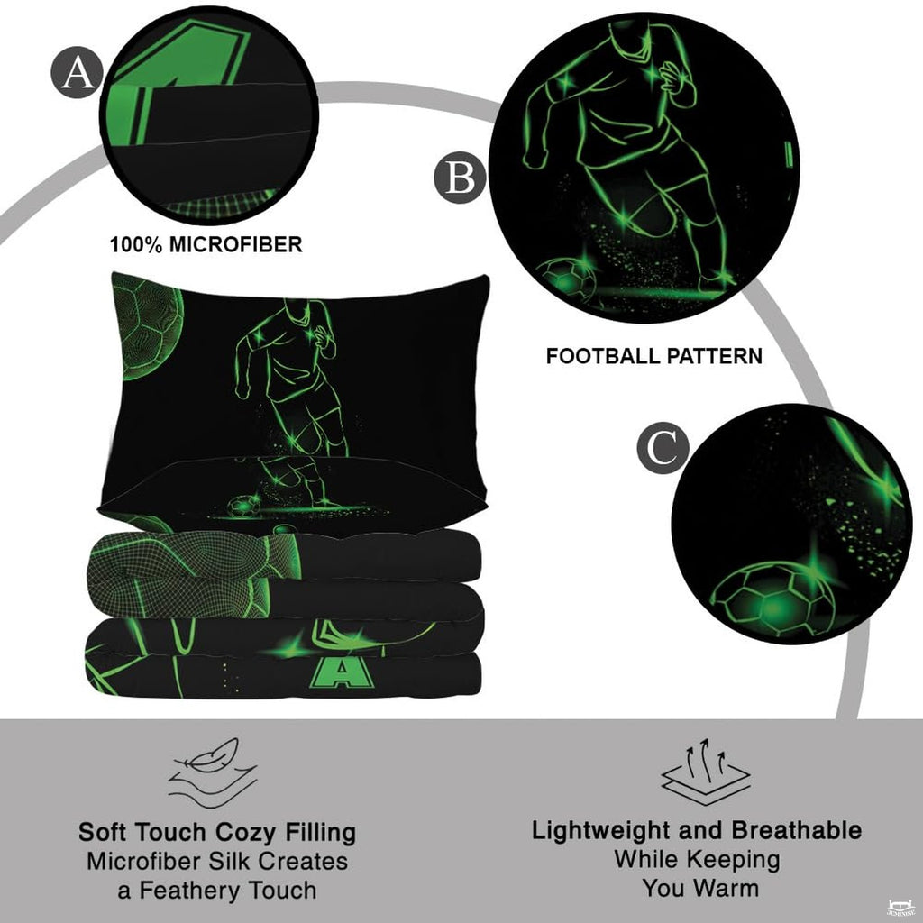 Overhead view of dark pitch soccer cleats bedding arranged neatly across an athletic youth bedroom mattress