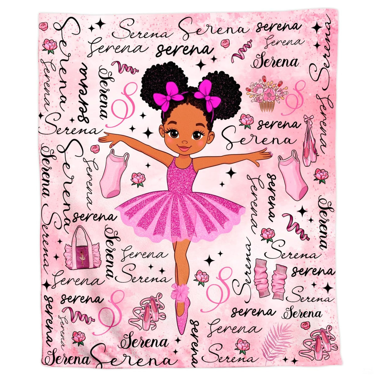 Enchanting ballerina girl portrait surrounded by pointe slippers and floral dance details.