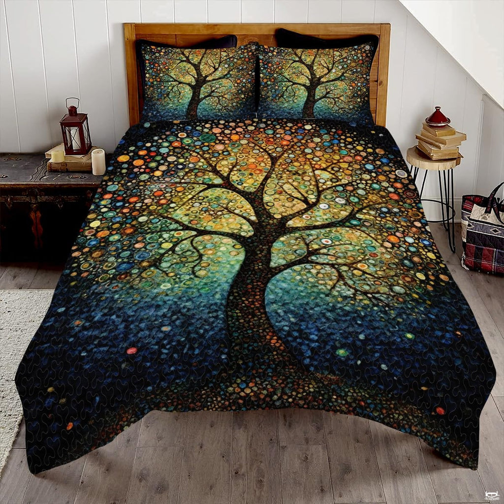 Pointillist Tree of Life bedding featuring concentric colorful dots and sprawling branches on a bedroom bed