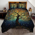 Pointillist Tree of Life bedding featuring concentric colorful dots and sprawling branches on a bedroom bed
