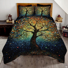 Pointillist Tree of Life bedding featuring concentric colorful dots and sprawling branches on a bedroom bed
