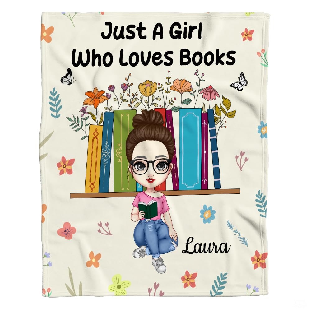 Personalized Girl Reading in Front of Book Bookshelf Throw - Design 8