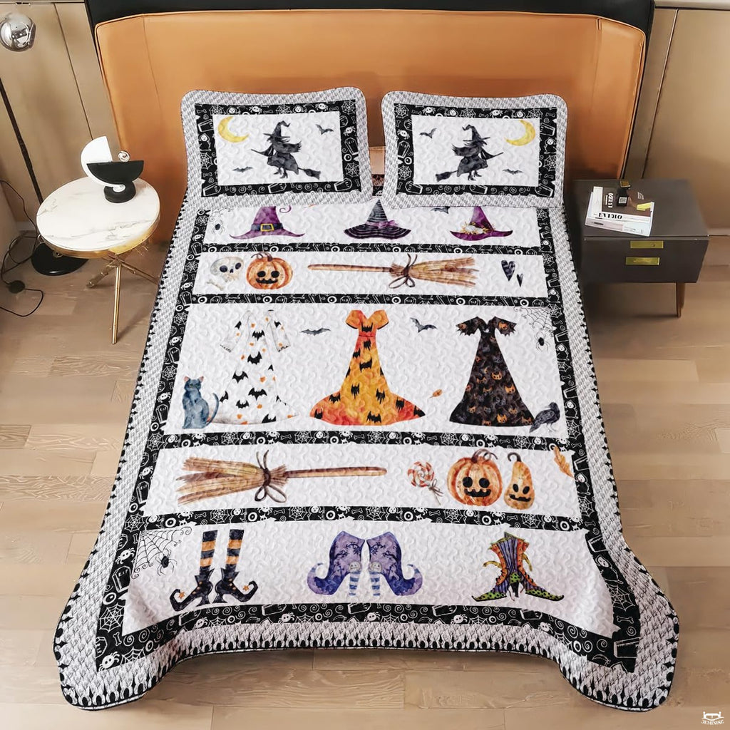 Spooky witch themed bedding set arranged in an eerie, Halloween inspired bedroom setting.