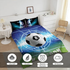 Close-up perspective of soccer bedding detailing cyan motion flares, cleats studs, and collegiate typography