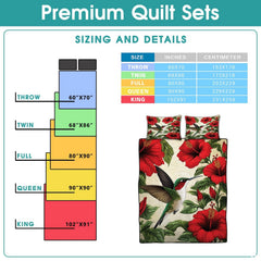 Hummingbird and red hibiscus bedding shown beside a sizing infographic