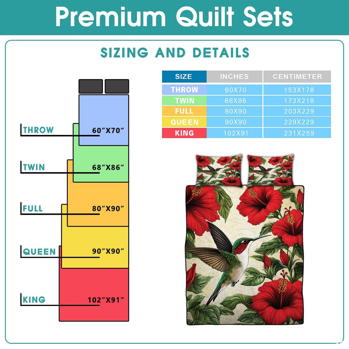 Hummingbird and red hibiscus bedding shown beside a sizing infographic