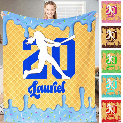 Front view of ice cream drip softball batter throw blanket featuring waffle cone pattern and sprinkles.
