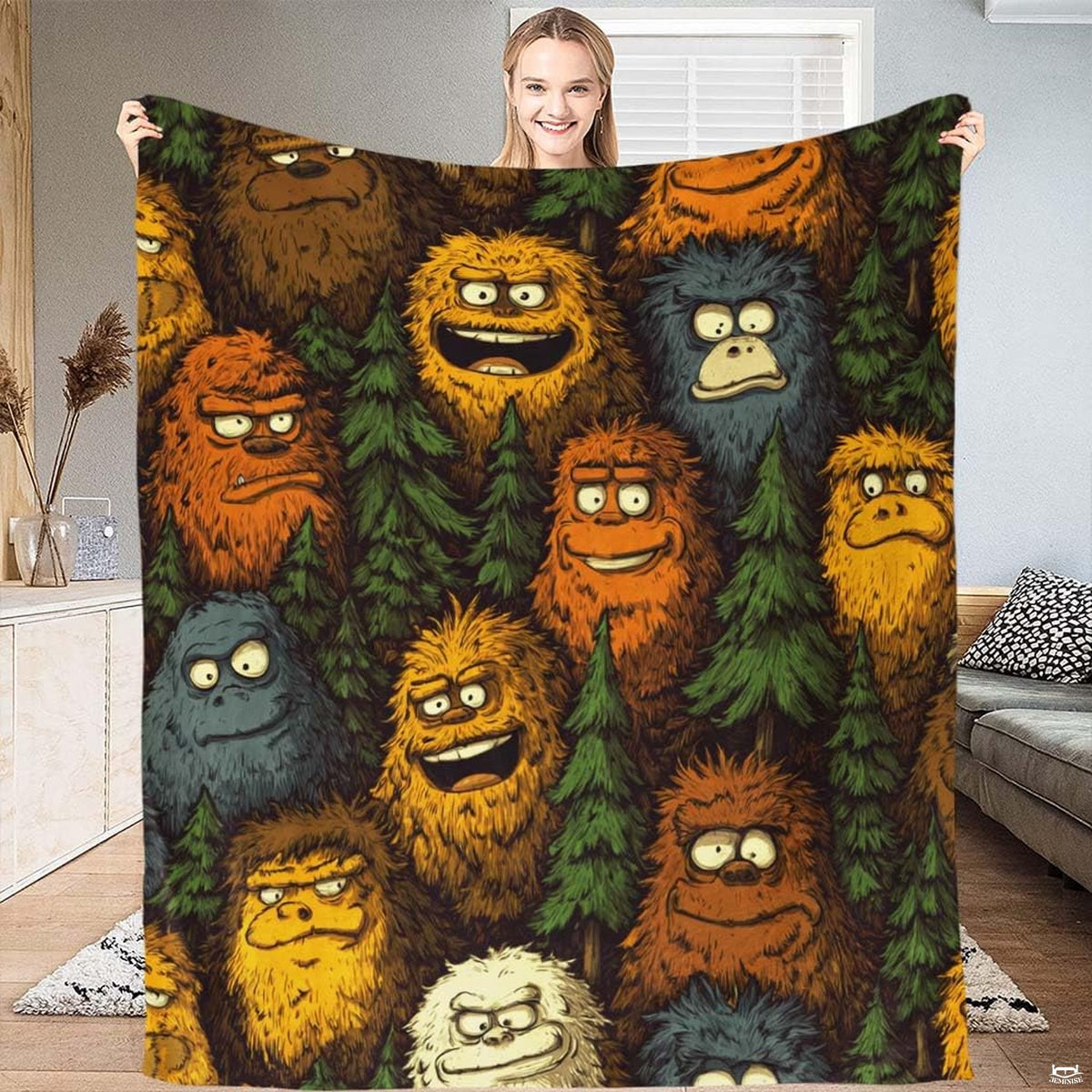 Quirky cartoon Bigfoots and Yetis peeking through evergreen pine trees, view 1.