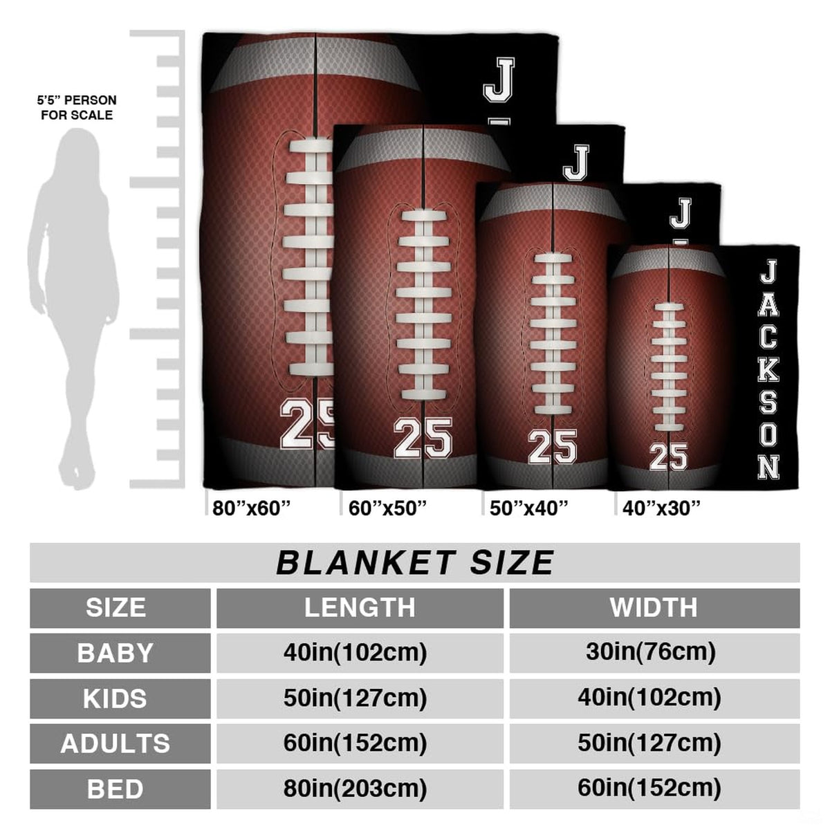 Size comparison diagram showcasing four dimensions for the football laces throw blanket