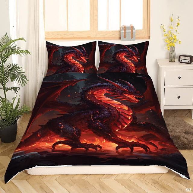 Fire dragon bedding displaying black dragon with glowing molten lava scales perching on volcanic cavern rock