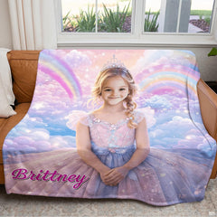 Fairytale princess blanket displayed on a daybed in a playroom.
