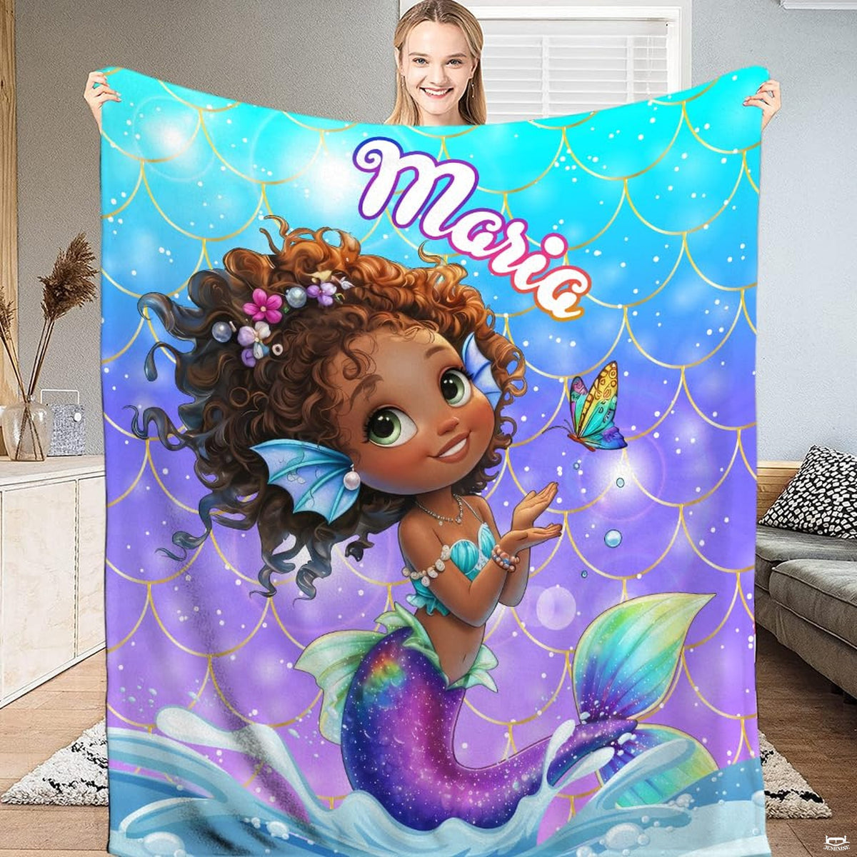 Little mermaid bedding set showcasing a smiling Black mermaid with purple galaxy fishtail and floating bubbles.