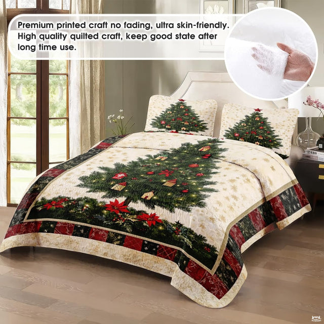Close view of Christmas tree bedding white background displaying delicate snowflake motifs and crimson poinsettia accents.