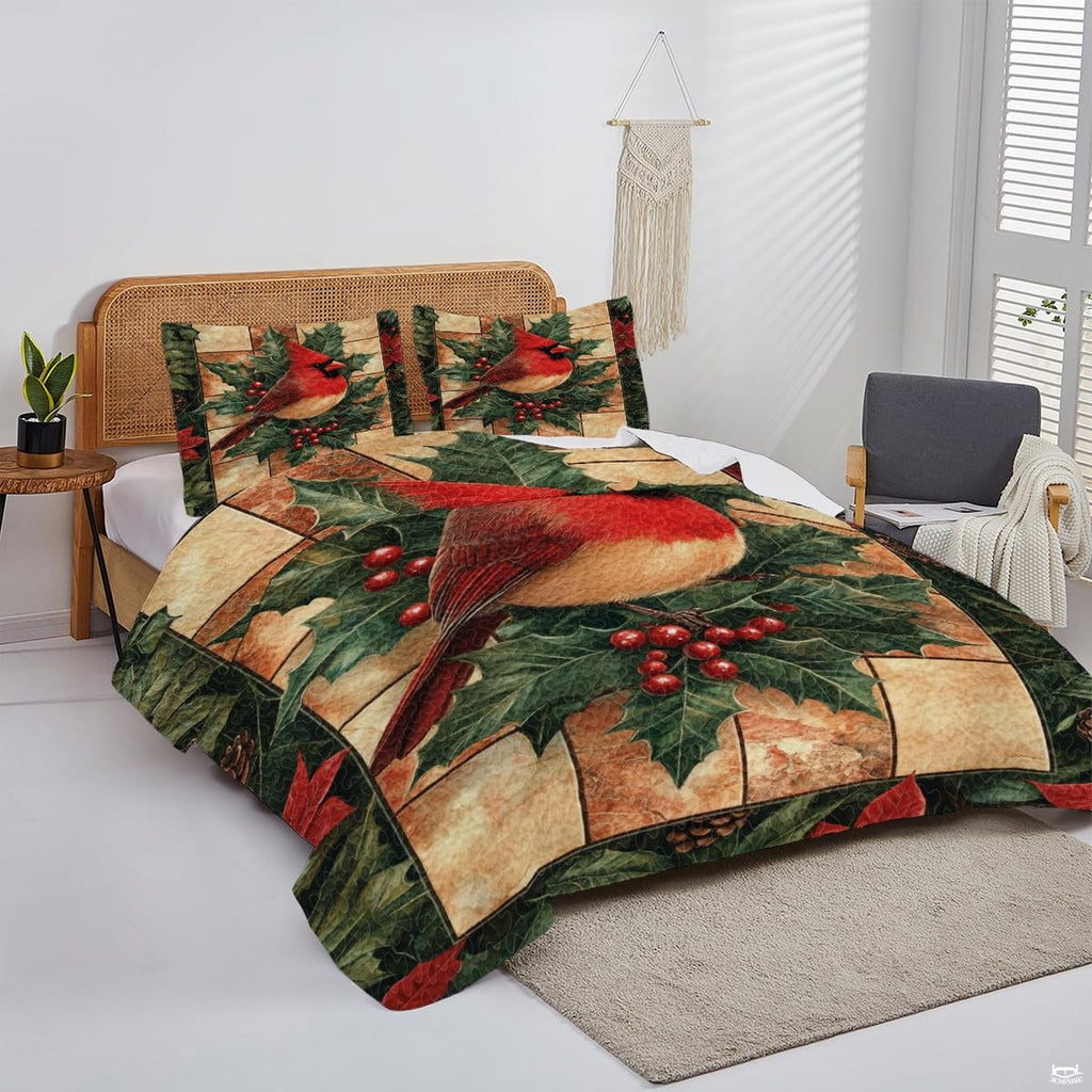 Overhead display of red bird bedding arranged neatly over a mattress in a bright bedroom