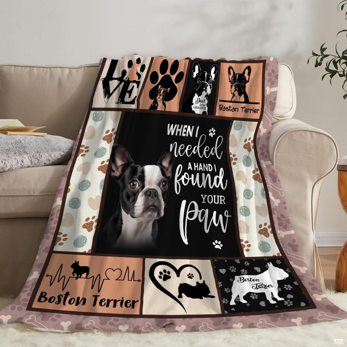 Decorative dog portrait bedding set with paw print accents and modern beige room styling.