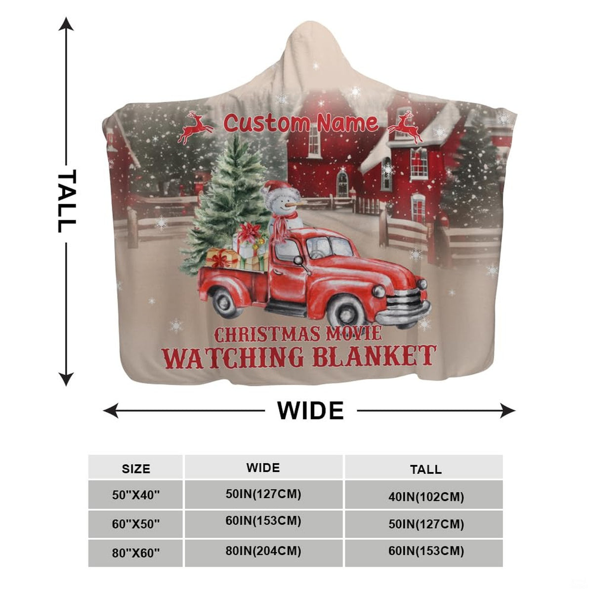 Festive holiday bedding display showing a vintage red truck, evergreen tree, and leaping reindeer.