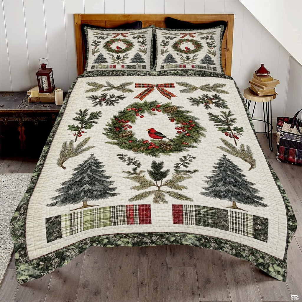 Cranberry red and pine snowman holiday bedding set displayed on a bed in a festive winter bedroom