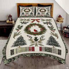 Cranberry red and pine snowman holiday bedding set displayed on a bed in a festive winter bedroom