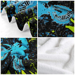 Airborne motocross dirt bike rider silhouette with neon splatters and tire tracks, view 5.
