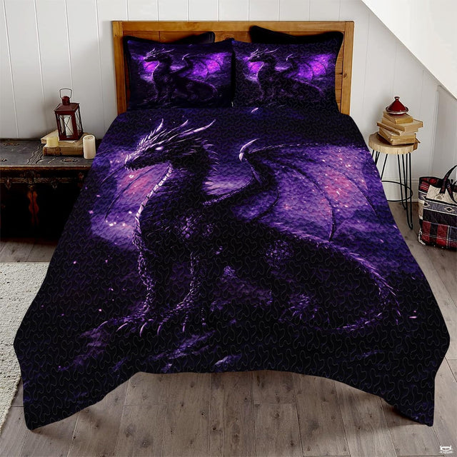 Black and violet dragon with luminous purple wings in dark mist