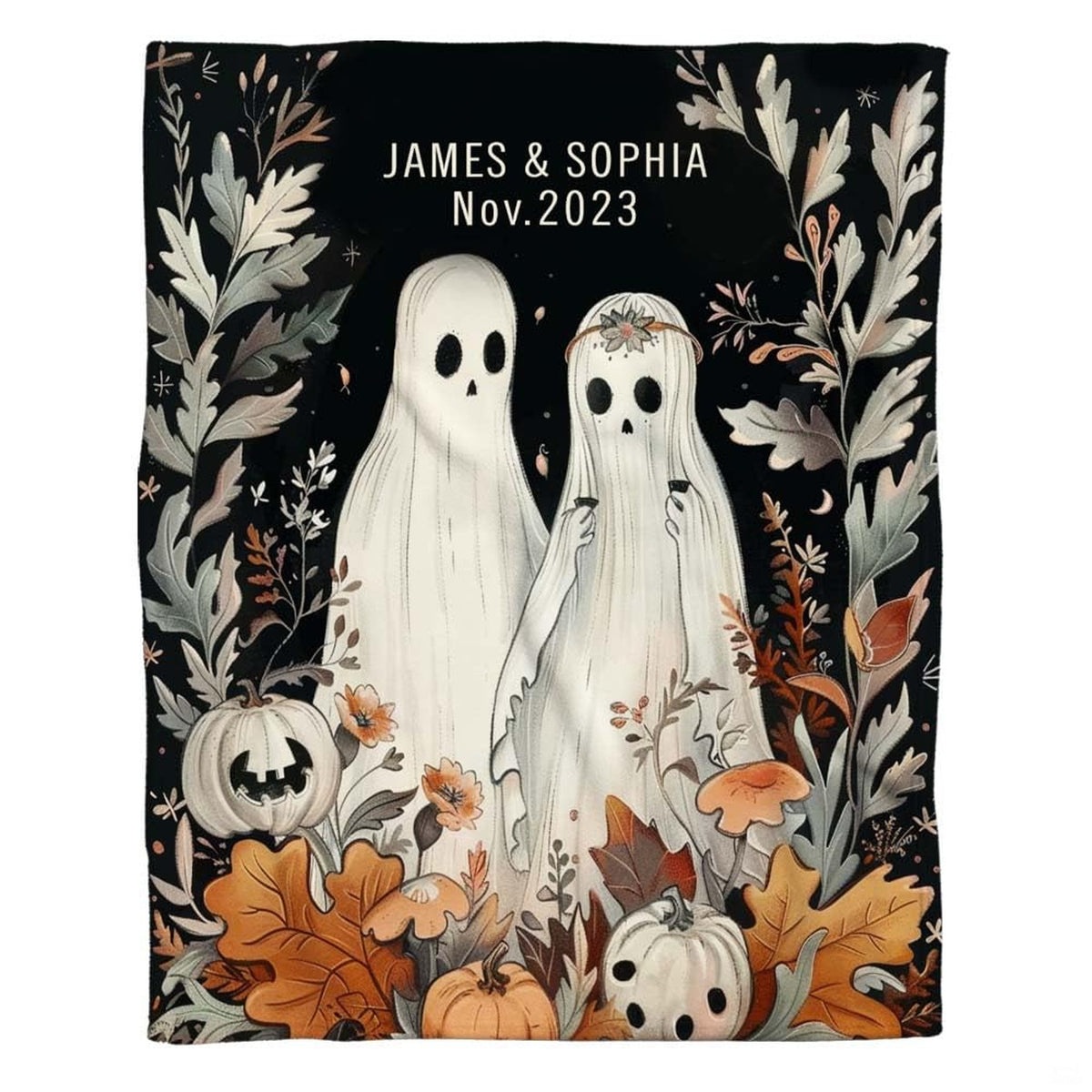 Autumn halloween bedding featuring two whimsical ghosts, wild mushrooms, and fall oak leaves on charcoal black.