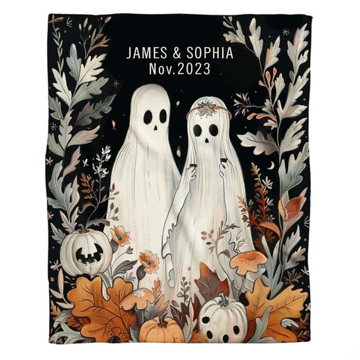 Autumn halloween bedding featuring two whimsical ghosts, wild mushrooms, and fall oak leaves on charcoal black.