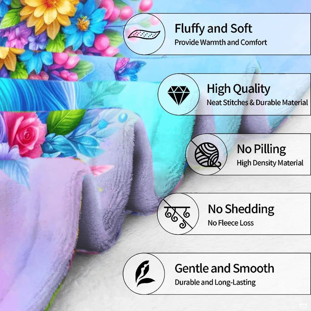 Atmospheric playroom couch display featuring colorful fairytale unicorn throw blanket