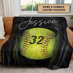 Bed styled with bold softball artwork featuring an optic yellow ball in an athletic bedroom setting.