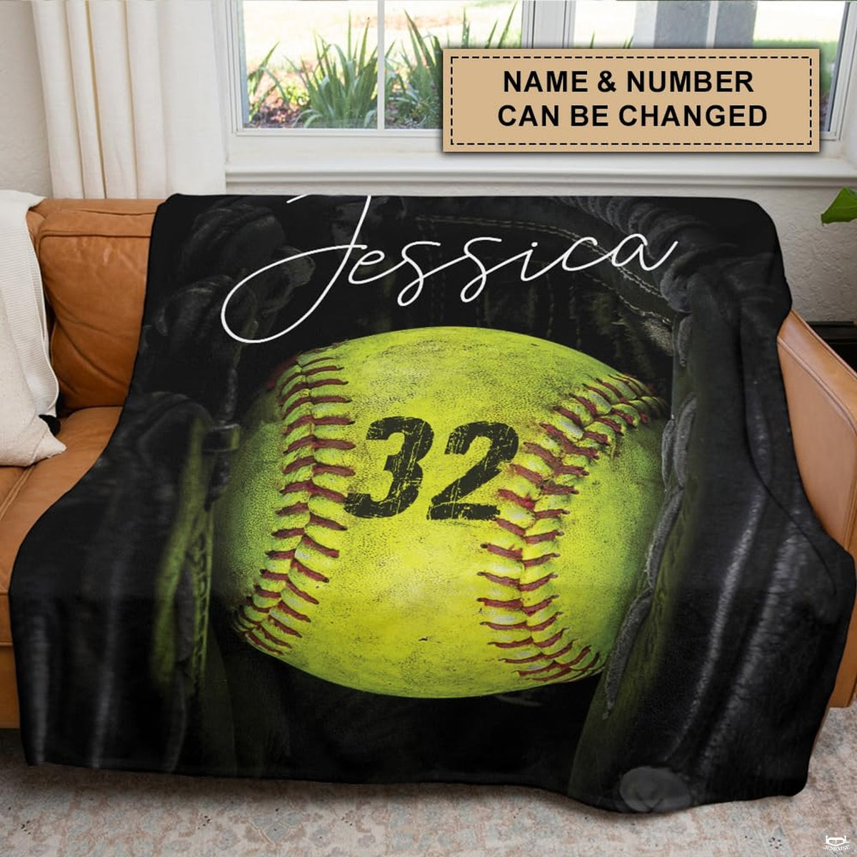 Bed styled with bold softball artwork featuring an optic yellow ball in an athletic bedroom setting.