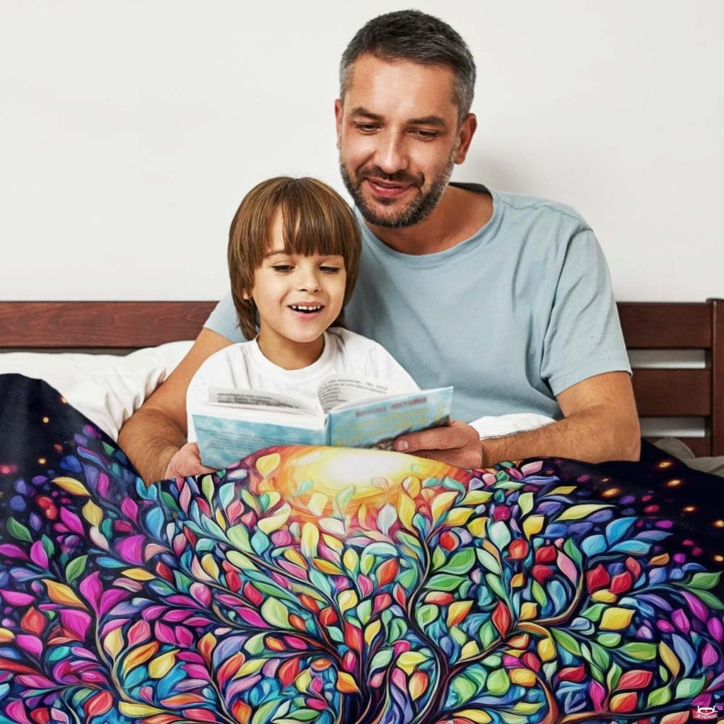 Intricate twisting roots and colorful tree of life painting motif on bedding
